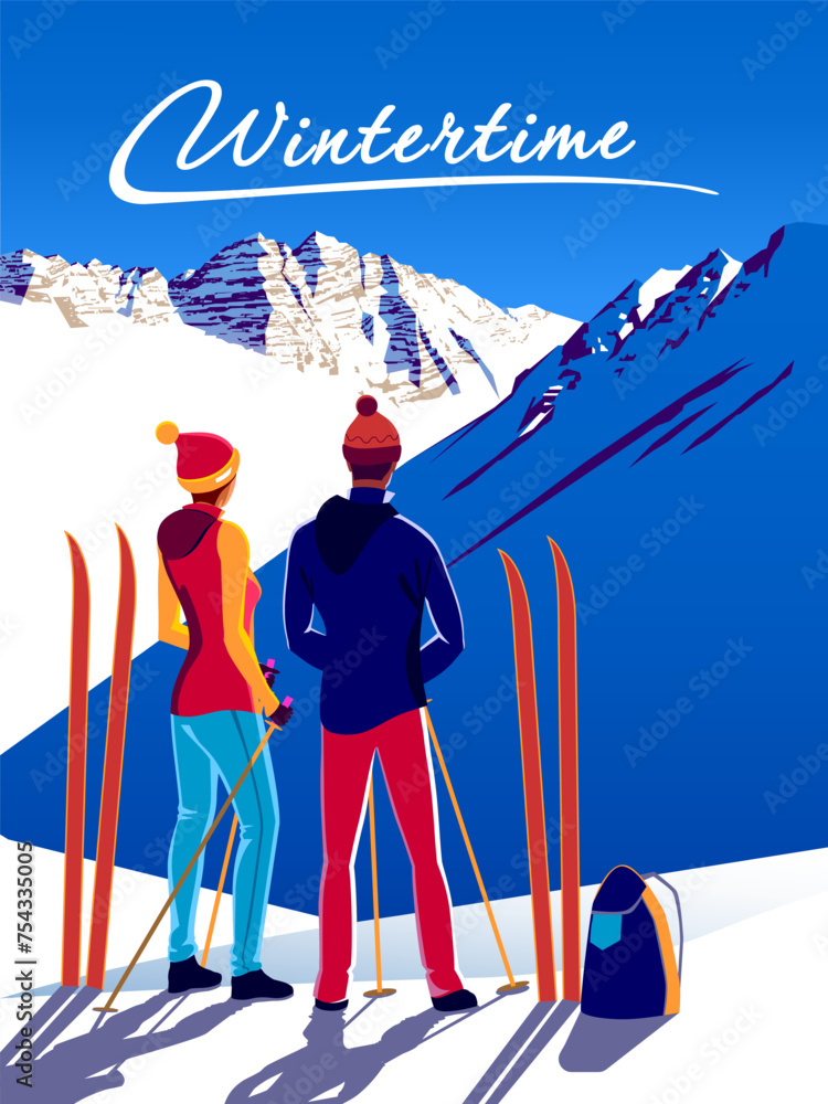 A couple of skiers before the descent at a ski resort. Wintertime Travel Poster. Handmade drawing vector illustration. Art Deco style. - obrazy, fototapety, plakaty 