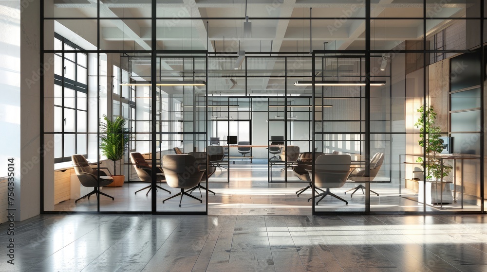 Creative office with glass doors, chairs and open table Creative office with glass doors, chairs and open table