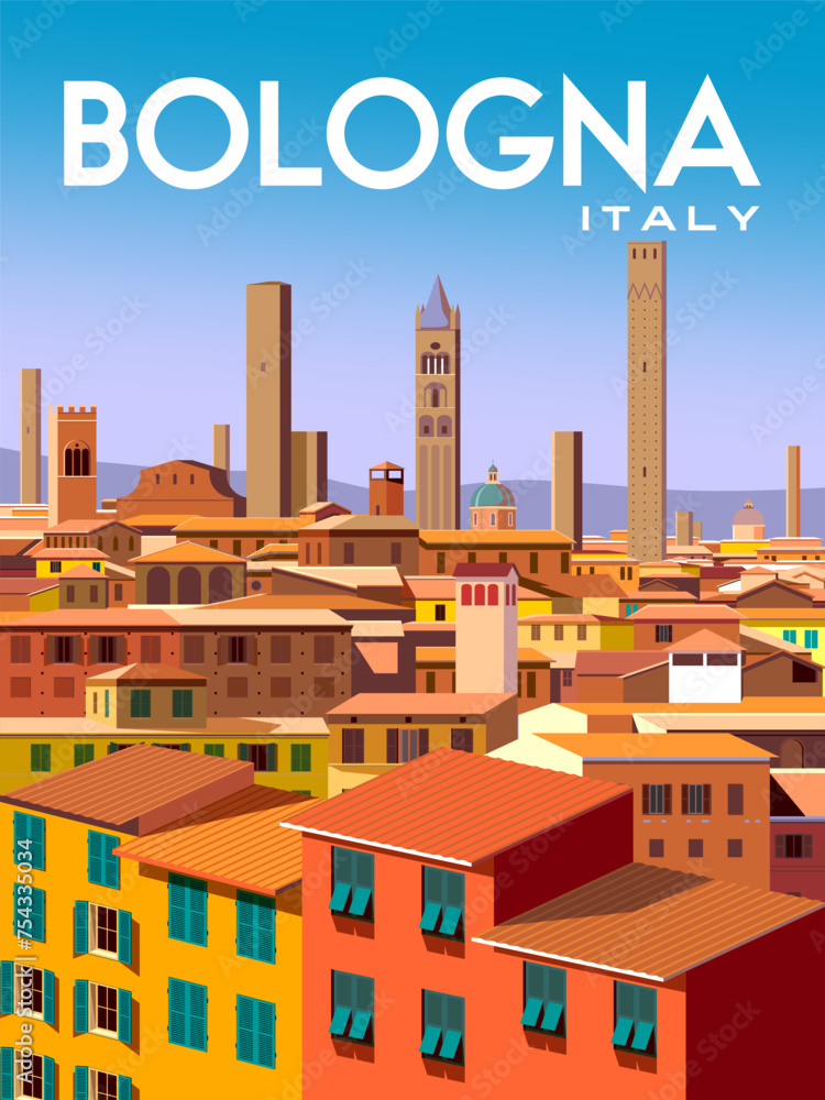 Bologna Italy Travel poster. Handmade drawing vector illustration.  - obrazy, fototapety, plakaty 