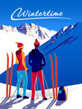 A couple of skiers before the descent at a ski resort. Wintertime Travel Poster. Handmade drawing vector illustration. Art Deco style.
