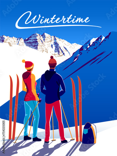A couple of skiers before the descent at a ski resort. Wintertime Travel Poster. Handmade drawing vector illustration. Art Deco style.