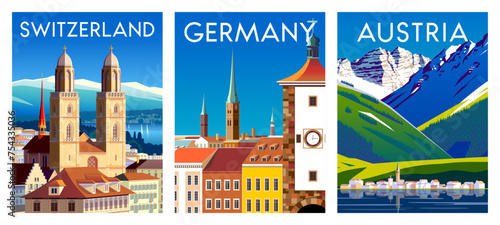 Set of travel posters. Germany, Austria and Switzerland. Handmade drawing vector illustration. 