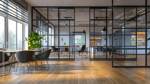 Creative office with glass doors, chairs and open table