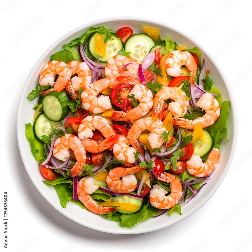 salad with shrimp in a plate top view on a white background сreated with Generative Ai salad with shrimp in a plate top view on a white background сreated with Generative Ai