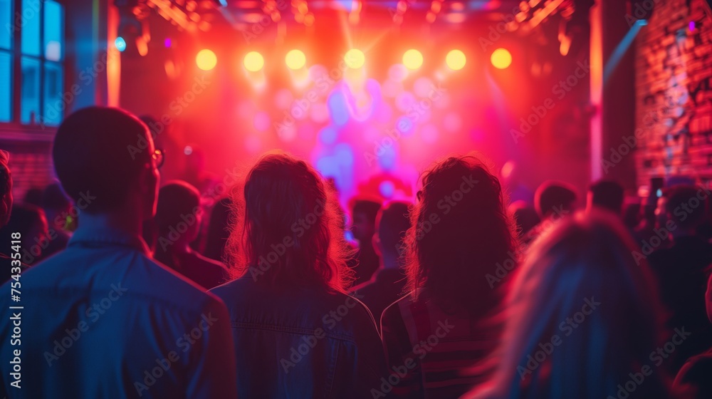 Back view of a diverse audience attentively enjoying a live band performance under a colorful stage lighting.