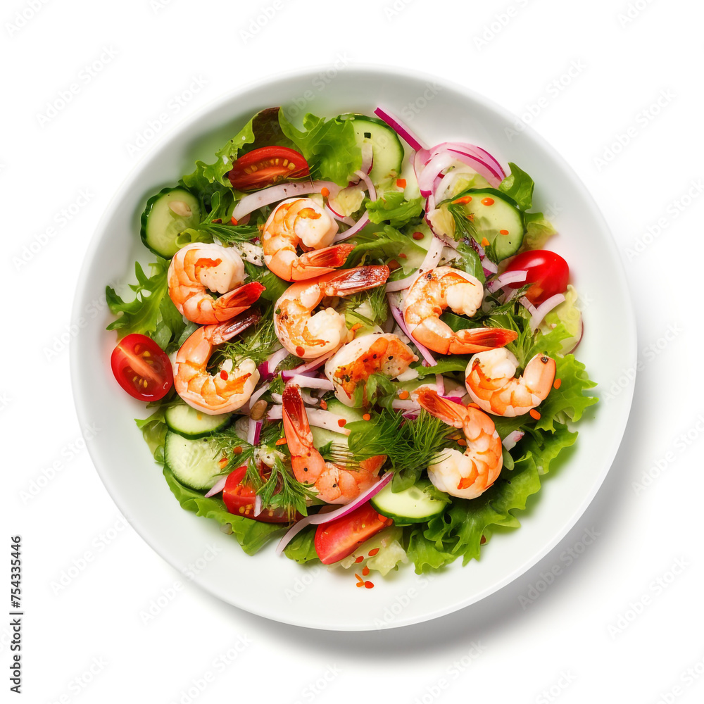 salad with shrimp in a plate top view on a white background сreated with Generative Ai salad with shrimp in a plate top view on a white background сreated with Generative Ai