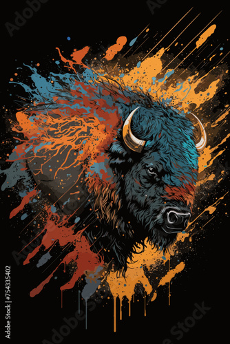 Bison Design In Color Splash Style. Wildlife Mammal Or Buffalo In Nature.