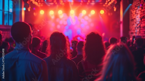 Back view of a diverse audience attentively enjoying a live band performance under a colorful stage lighting.