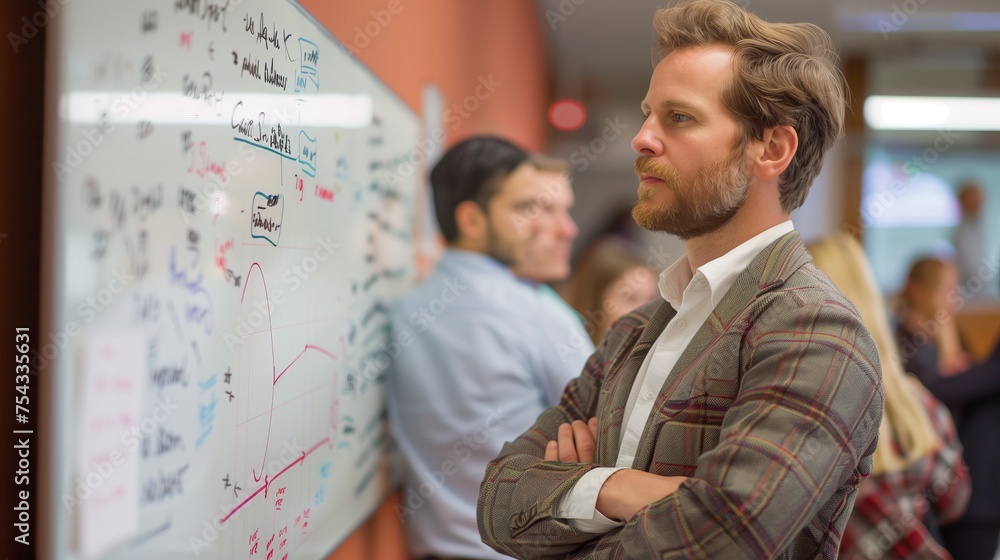 Pensive businessman contemplating strategy with marker in hand in front of a whiteboard in a meeting room. Pensive businessman contemplating strategy with marker in hand in front of a whiteboard in a meeting room.