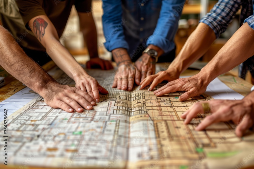 Group of professionals collaborating over detailed architectural blueprints spread on a table.