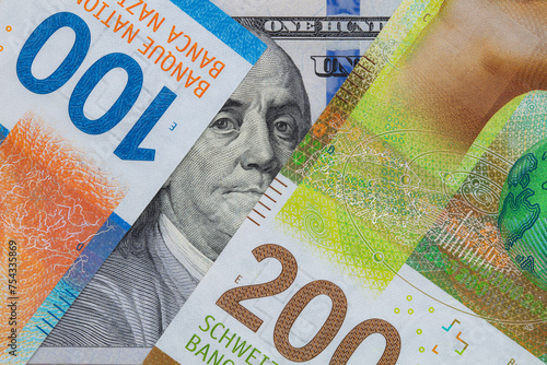 Closeup of 100 and 200 Swiss franc banknotes and 100 dollar banknote