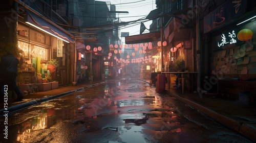 Generative AI, Night scene of after rain city in cyberpunk style, futuristic nostalgic 80s, 90s. Neon lights vibrant colors, photorealistic horizontal illustration..