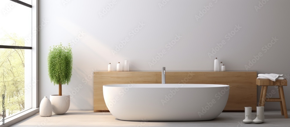 Fototapeta premium A spacious bathroom featuring a large white bathtub positioned next to a window, allowing natural light to illuminate the room. The bathtub is clean and inviting,
