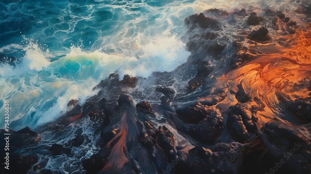 Fototapeta premium aerial photo of lava falling over the ocean