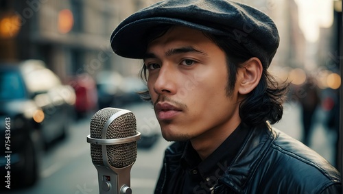 A young man in a cap standing in front of a microphone on the street. photo