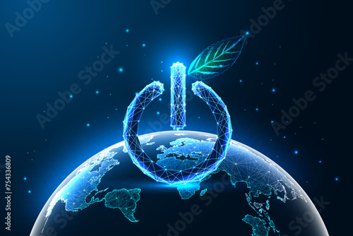 Earth Hour, sustainability futuristic concept with swith on off button, green leaf and planet Earth 