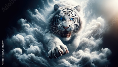 Imposing white tiger with piercing blue eyes bursts through swirling  ethereal clouds  exuding power and mystery.
