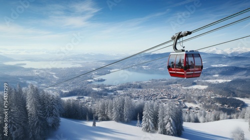 Alpine Escape: Gondolas Gliding Over Snow-Clad Mountains. Generative ai