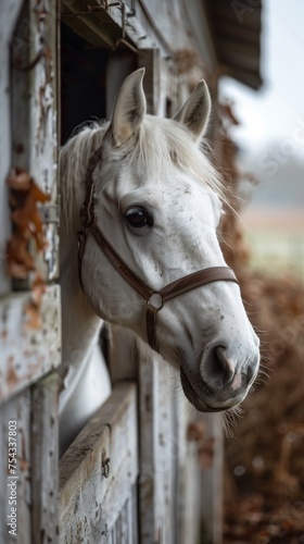 white horse in the stable, horse ranch with a house and fence,old farm house © nataliya_ua