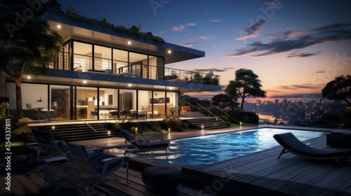 Luxurious Modern Home with Pool at Sunset. Generative ai