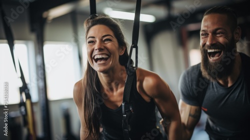 A happy cheerful woman trains with a smiling instructor during a workout in the gym. Sports, Fitness, Motivation, Physical Education, Healthy Active Lifestyle concepts.