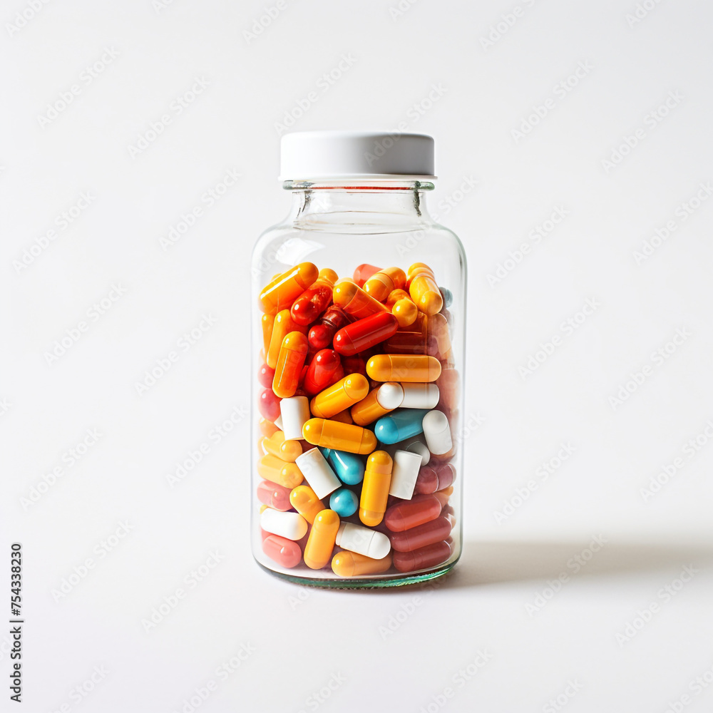 pills in a transparent bottle on a white background сreated with Generative Ai pills in a transparent bottle on a white background сreated with Generative Ai