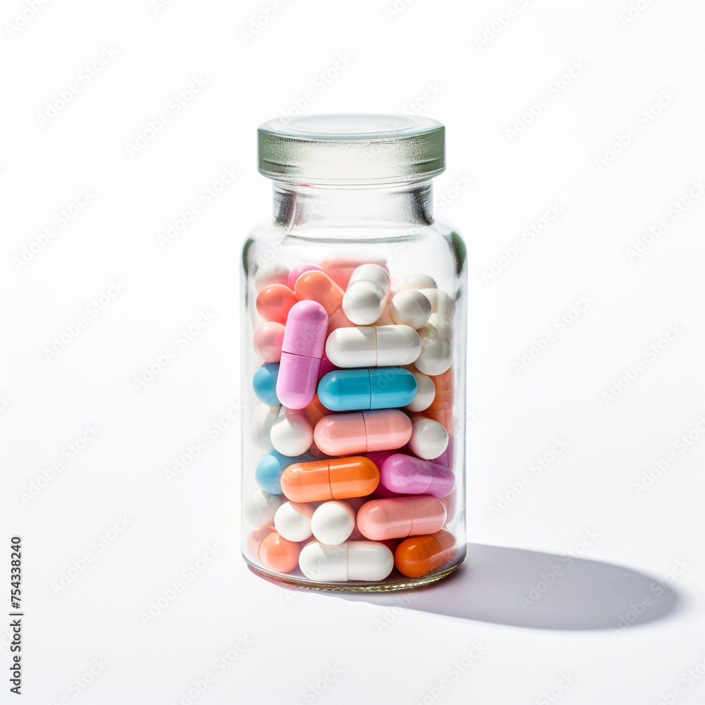 pills in a transparent bottle on a white background сreated with Generative Ai pills in a transparent bottle on a white background сreated with Generative Ai
