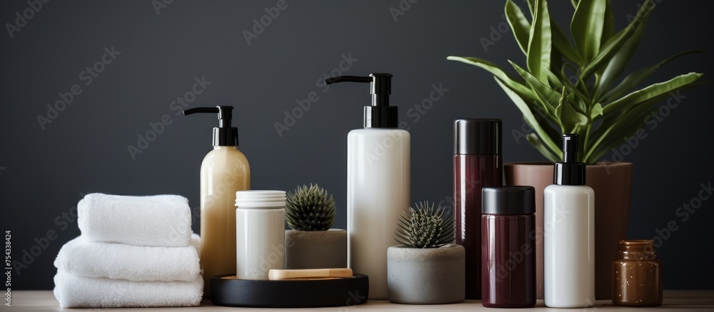 A collection of various bathroom items, including body care cosmetics, neatly arranged on a countertop. In the background, a lush green plant adds a touch of nature to the scene.