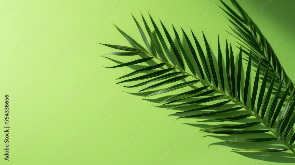 Palm tree with tropical leaves on a green background with a place for text. The concept of recreation, tourism and sea travel.