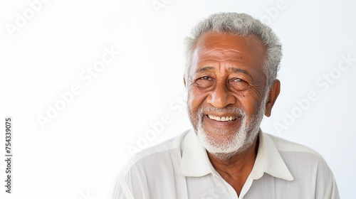Portrait photograph of a senior South Asian man with grey hair and beard on a white background