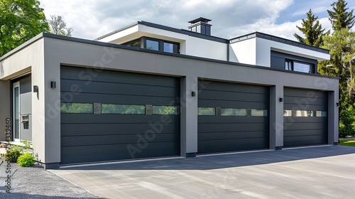 Modern Car Garage with remote-controlled automatic Door in Front of a residential Building,Modern and luxurious garage with driveway and roller door
 photo