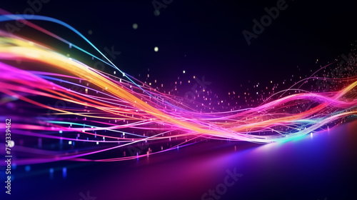 Glowing smooth lines abstract background. Luminous neon pattern. Decorative horizontal banner. Digital artwork raster bitmap illustration. Purple and pink bright colors. AI artwork.