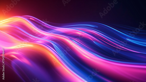 Neon smooth lines abstract background. Luminous glowing wave pattern. Decorative horizontal banner. Digital artwork raster bitmap illustration. Purple and blue bright colors. AI artwork.