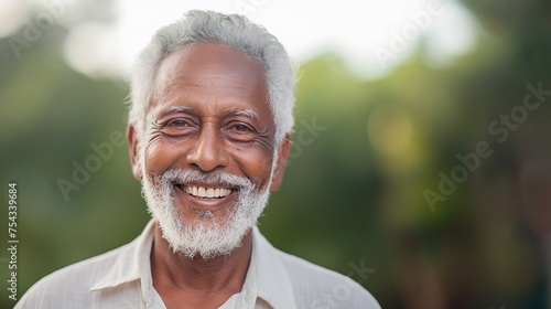 Closeup portrait photograph of smiling elderly south Asian man on blurred green background