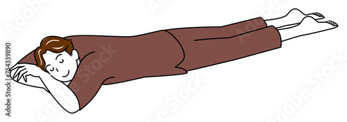 温泉施設の館内着を着てうつ伏せでリラックスして寝ている可愛い男性 シンプル イラスト ベクター