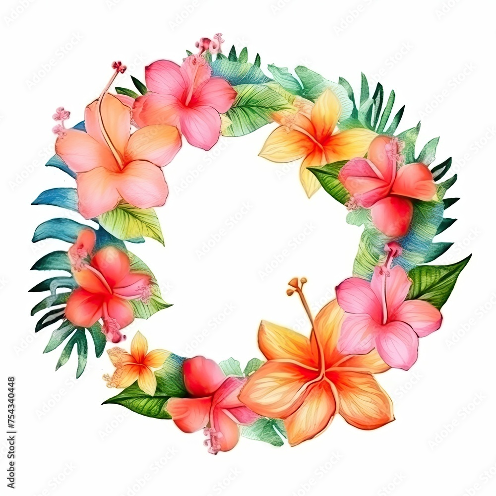 Watercolor tropical wreath isolated. Illustration AI Generative.