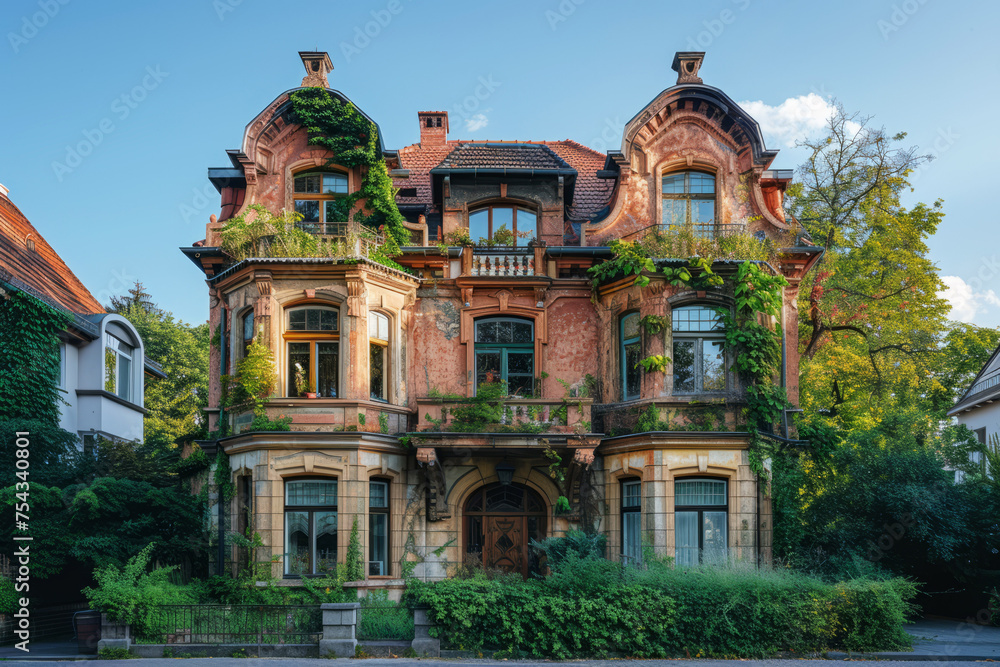 Naklejka premium Elegant historic German mansion engulfed by lush greenery on a sunny day