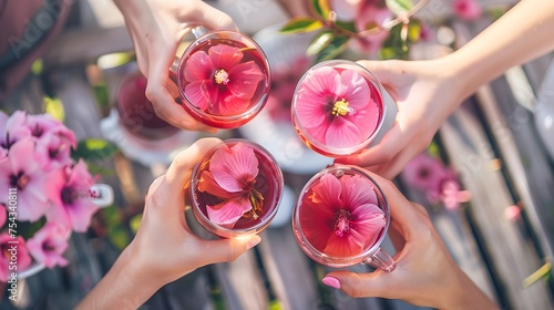 Hibiscus tea in tea cups with pink flowers and group of friends around to drink eat in beautiful spring day outside photo