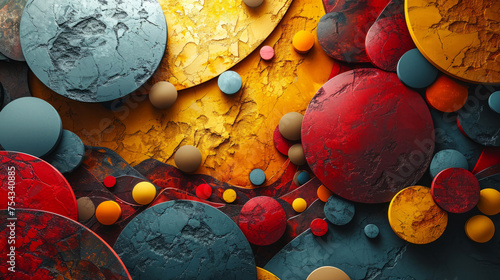 Vibrant postminimalism art with abstract warm colored circles on textured background