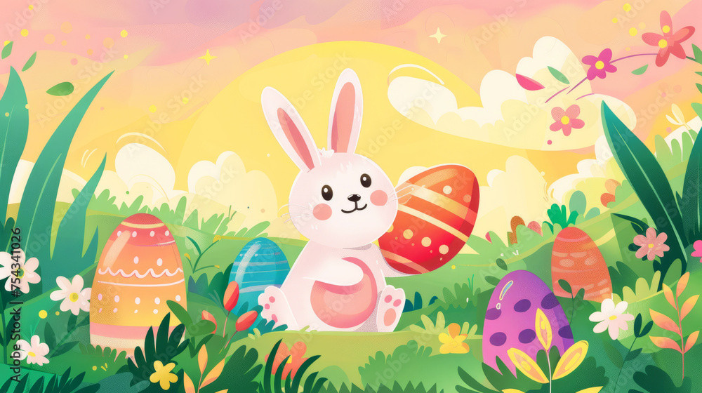 Fototapeta premium Colorful happy Easter day illustration with bunny and eggs