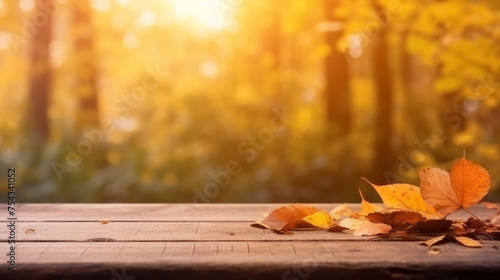 Wooden table with autumn background. Illustration AI Generative