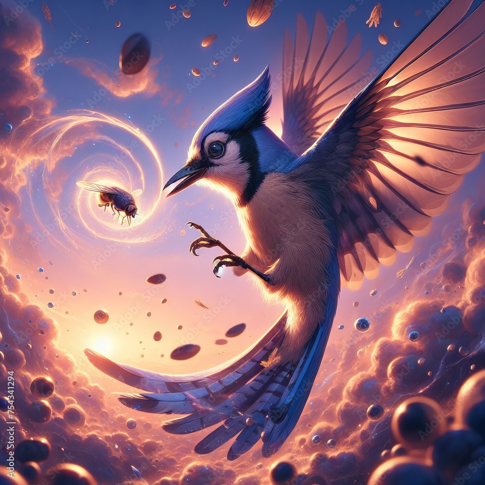 Illustration of a fantasy scene of a hunting bird with a magical atmosphere and vivid colors - obrazy, fototapety, plakaty 