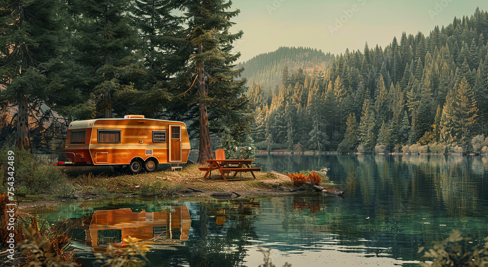 Vintage camper trailer at the lake with a camp table and chairs - obrazy, fototapety, plakaty 