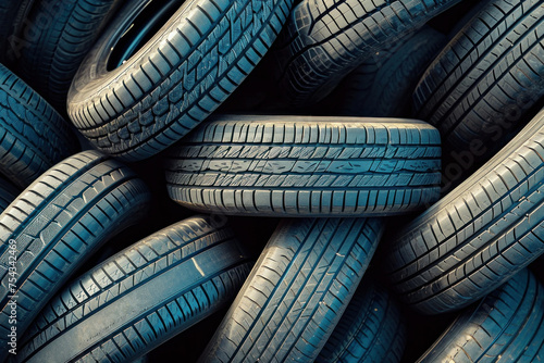 Stacked used car tires against blue sky background in tire recycling facility photo
