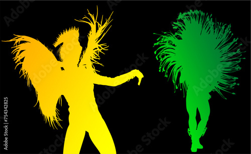 samba, baile, brasil, danza, carnaval, silueta, color, vector, pegatina, plumas, traje, ilustracion, angel, diablo	
