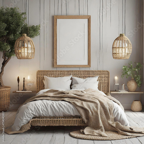 Frame Mockup Design 프레임 목업 ,라탄 침대 집 배경 인테리어 photo