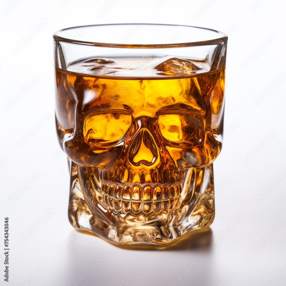 glass in the shape of a skull with whiskey on a white background сreated with Generative Ai