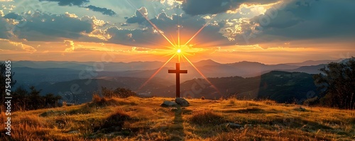 Sunrise Service: Cross and Rising Sun. Concept Religious Ceremony, Easter Celebration, Spiritual Experience, Fire and Symbolism