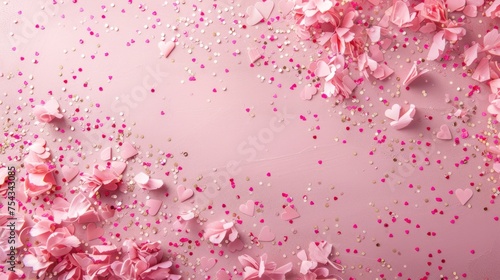 Layout for the holiday of Valentine's Day, gift, confetti and hearts, on a pink background with copy space