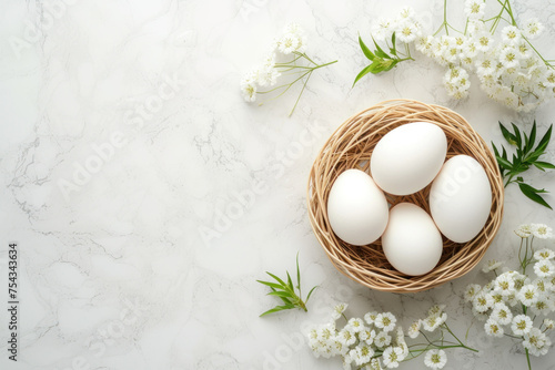 Basket of white eggs for Easter.